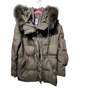 Blue Duck Puffer Coat Olive Green Down Feather Fur Trimmed Hooded‎ Jacket